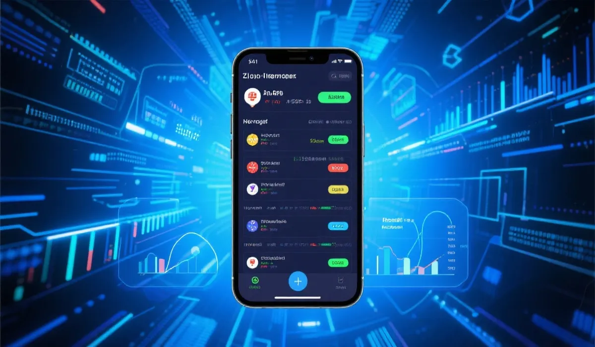 智能手机屏幕上呈现多种彩票数据分析，背景为抽象数字化网络